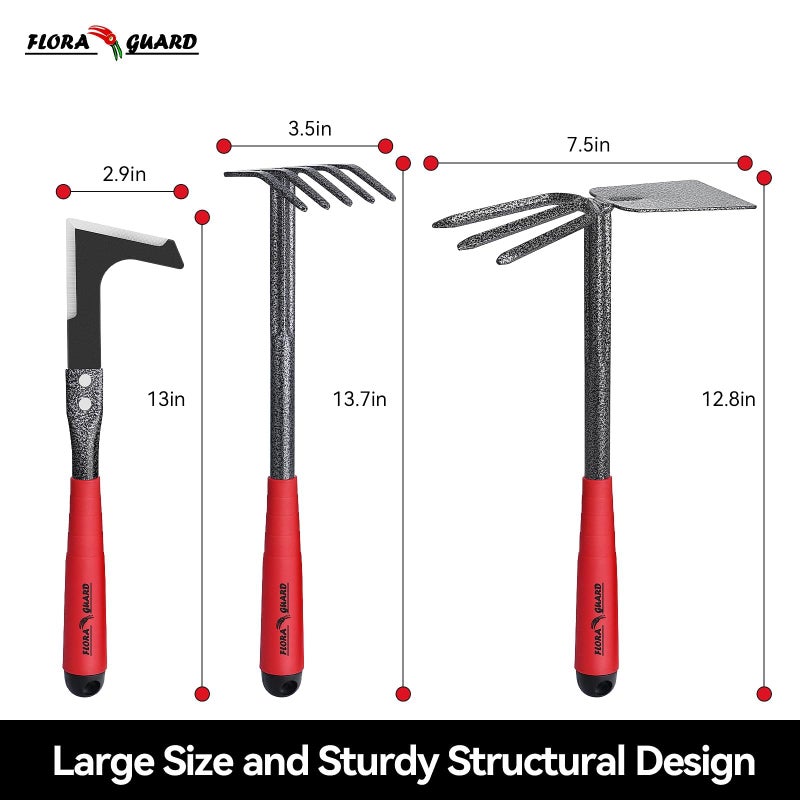 FLORA GUARD Garden Tools Set, 6-Piece Heavy Duty Gardening Hand Tools with Soft Rubber Handle, Includes Trowel, Rake, 2-in-1 Hoe & Crack Weeder, Durable Yard Tools, Essentials Garden Gift Men Women - Image 3